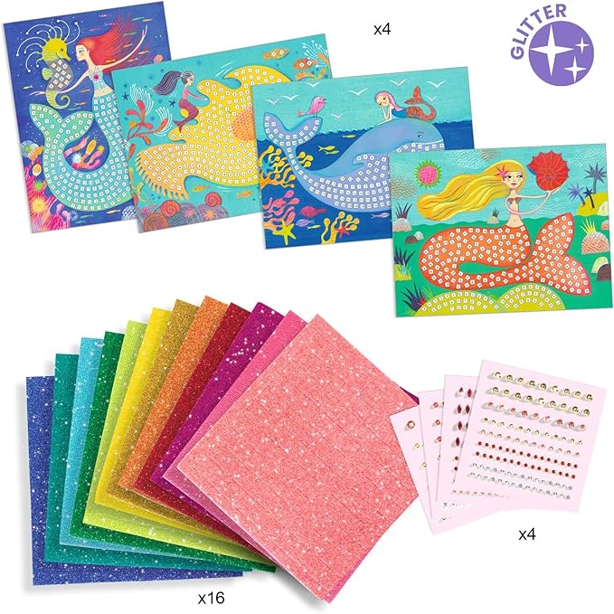 DJECO Mermaid's Song Mosaic Arts & Crafts Kit - Create Your Own Glittery Underwater Scene for School - Fun & Creative for Family & Friends, Boys & Girls, Educational, Sticker Foam for Kids 5+