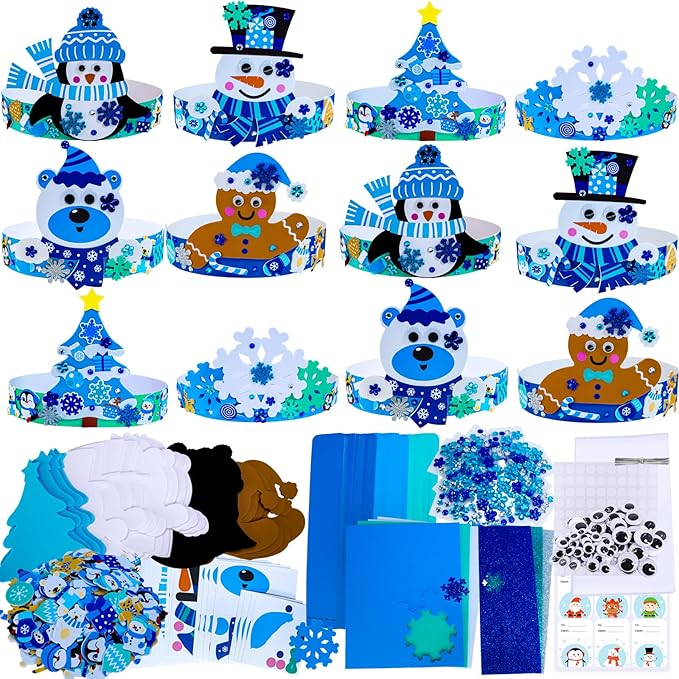 Winlyn 24 Sets Winter Craft Kits Christmas Crafts DIY Winter Holiday Headbands Craft Kits Snowflake Snowman Penguin Foam Stickers Winter Arts and Crafts for Kids Classroom Art Activities Party Favors
