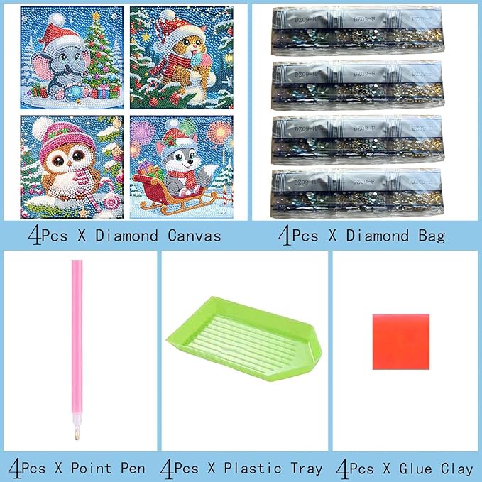 ajepon 4 Packs Christmas Diamond Art Kits for Kids Beginners-Cute Animals Diamond Painting Kits Without Frame,Cartoon Animal Diamond Painting Kits Full Drill Gem Art for Home Decor 6x6inch
