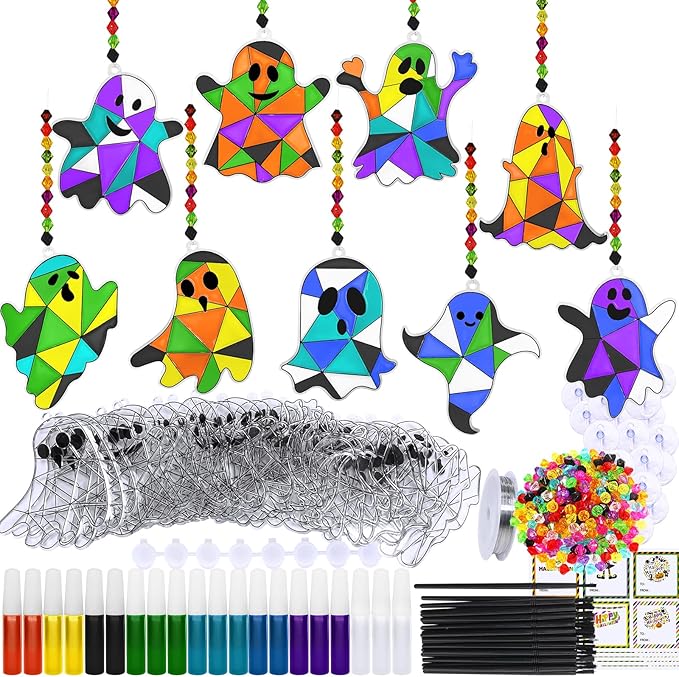 Winlyn 27 Sets Halloween Ghost Suncatchers Ornaments Decorations DIY Window Paint Art Suncatchers Halloween Craft Kits Suncatchers Painting Kits for Kids Classroom Activities Art Projects Part Favors