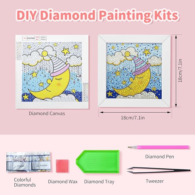 Turniton 5D Diamond Painting Kits for Kids, Diamond Arts Painting Kits with Wooden Frame, Moon Kids' Mosaic Kits for Beginners, Girls, Adults, Diamond Painting Pictures, Arts Craft for Home Decor