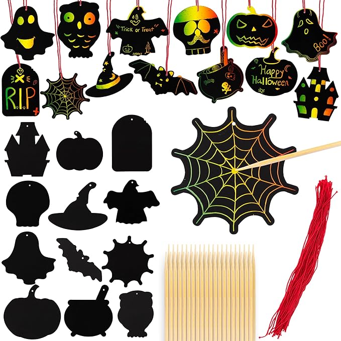 ArtCreativity Halloween Crafts (Bulk) - Scratch Art for Kids, 60 Sets with 60 Designs, 60 Sticks & Red Strings - Magic Colorful Scratch Art Party Favors, DIY Activity for Kids Classroom Decoration