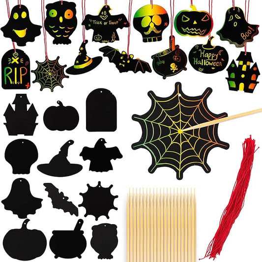 ArtCreativity Halloween Crafts (Bulk) - Scratch Art for Kids, 60 Sets with 60 Designs, 60 Sticks & Red Strings - Magic Colorful Scratch Art Party Favors, DIY Activity for Kids Classroom Decoration