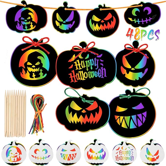 JULMELON 48 Pieces Halloween Scratch Paper Crafts Kit Bulk of Halloween Pumpkins Magic Rainbow Scratch Art for Kids DIY Party Ornaments Halloween Decor with 6 Pcs Halloween Pumpkins Stencils