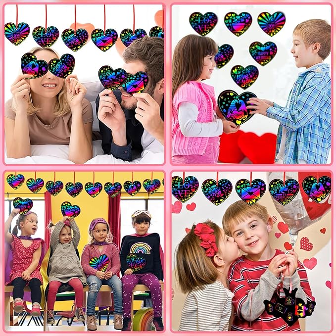 JULMELON Valentines Crafts for Kids, 48 PCS Heart Rainbow Scratch Art Valentines Day Cards for Kids Classroom Scratch Paper Art for Valentines Day Gifts Party Favors with 8 Pcs Valentines Day Stencils