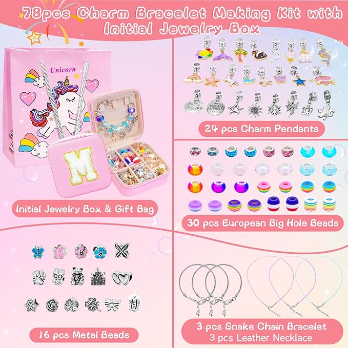 SUREHOME Charm Bracelet Making Kit for Girls 8-12, Teen Kids Jewelry Making Kit Easy to Craft Necklace Personalized Christmas Gifts for Girls Ages 5-7 6-8 8 9 10 11 Years Old Birthday Trendy Stuff - D