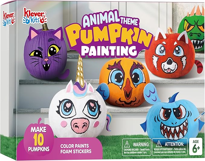 Klever Kits Halloween Pumpkin Decorating Kit, Halloween Party Supplies Arts Crafts, Party Favor for Kids, DIY Pumpkin Painting Kit with 10 Animal Designs, Coloring Craft Games Classroom Activities