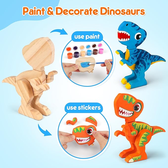 Mocoosy Wooden Dinosaur Painting Art Craft Kit for Kids 3-5, Wood Take Apart Dinosaur Snap Together Building Toy, Build Your Own Dinosaur with Paint and Stickers STEM Game Creative Gift for Boys Girls