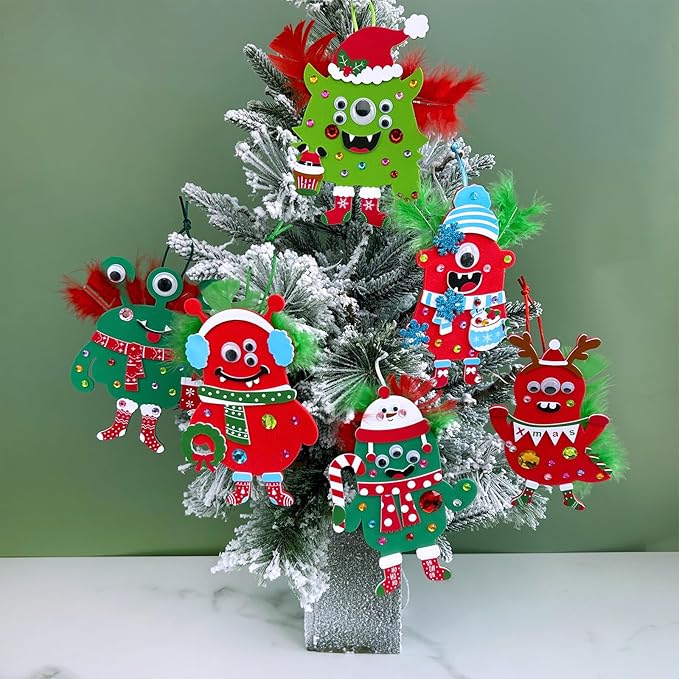 Winlyn 24 Sets Christmas Craft Kits Winter Crafts DIY Monster Ornaments Decorations Art Sets Foam Monster Christmas Stickers Googly Eyes Feathers for Kids Holiday Home Classroom Activities Party Favor