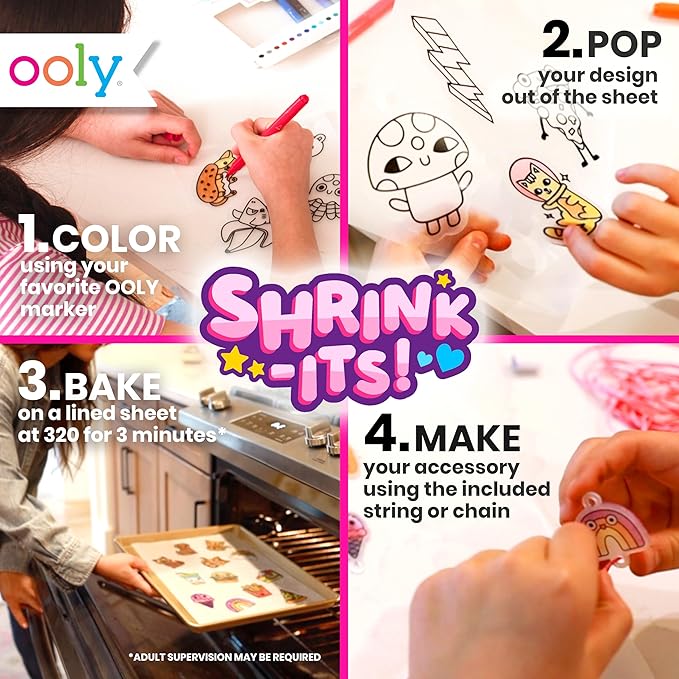 Ooly Shrink-Its 28 PC DIY Shrinking Art Kit That Creates Charms and Tags, Includes 20 Plastic Pre Cut Charms and More, No Mess Art for Kids, DIY Creative Activity, Ideal Party Favor - Fun Friends