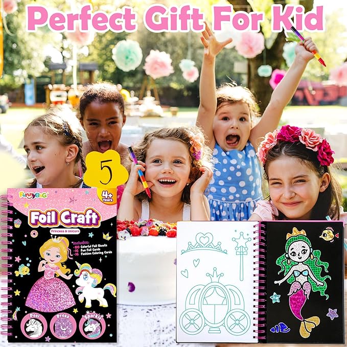 FUNNYB&G Art Craft Activity for Kids: Foil Art Princess DIY Toy Kit, No Mess Creative Travel Supply Set, Idea Birthday Christmas Valentine Gift for Girl Boy Children 4 5 6 7 8 9 Year Old