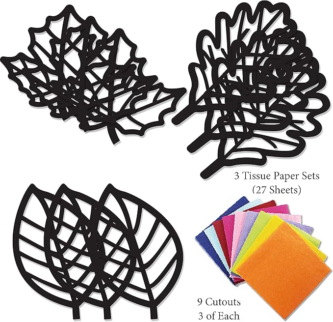 VHALE Suncatchers Craft 3 Sets (9 Cutouts) w Tissue Papers Stained Glass Effect Paper Sun Catcher Kit, Window Art, Classroom Crafts, Creative Art Projects, Kids Party Favors (Fall Leaf)