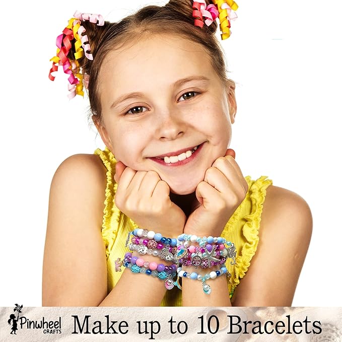 Pinwheel Crafts Mermaid Charm Bracelet Making Kit with Storage Case - DIY Kids Jewelry Making Kit for Girls 8-12 - Birthday Gift & Craft Supplies with Beads and Ocean Charms