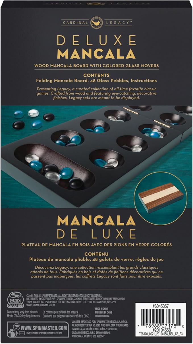 Spin Master Games, Legacy Deluxe Mancala, Classic Game with Folding Wooden Board & Colorful Glass Stones, Family Game, Easter Basket Stuffers, for Ages 8 & Up
