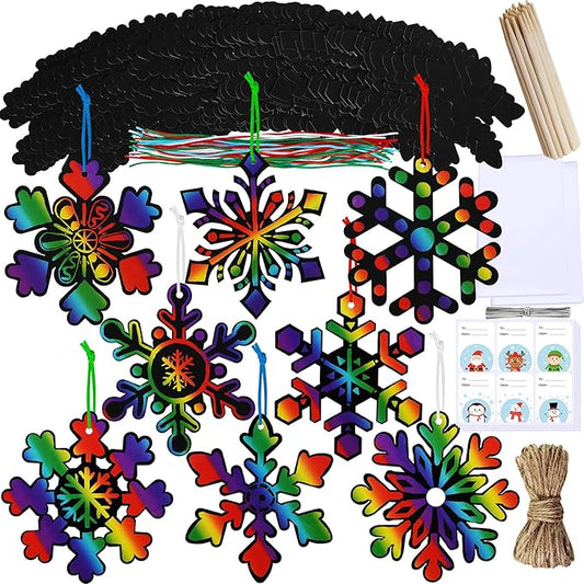 Winlyn 56 Sets 8 Styles Magic Color Scratch Snowflake Ornaments Christmas Scratch Art Decorations Christmas Craft Kits Winter Crafts for Kids Party Favors Holiday Seasonal Home Classroom Activities