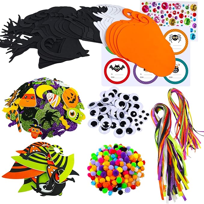 Winlyn 24 Sets Halloween Craft Kits DIY Halloween Pumpkin Ghost Bat Black Tree Ornaments Decorations Art Sets Fall Crafts Foam Stickers Arts and Crafts Supplies Kit for Kids Party Classroom Activities