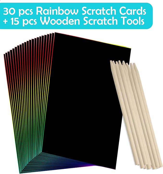VHALE 30 Scratch Paper Art for Kids, Magic Scratch It Off Paper Craft, Rainbow Drawing Scratchboard Sketch Pad Notepad, Great Travel Toys, Party Favors, with Wooden Stylus