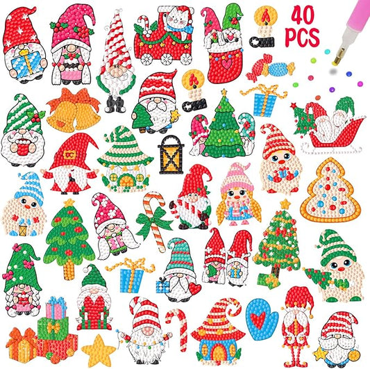 MEIEST 40 PCS Christmas Diamond Art Painting Stickers Kits,Diamond Art Mosaic Stickers by Numbers Crafts Set for Kids,Creative Handmade Art Craft Gift