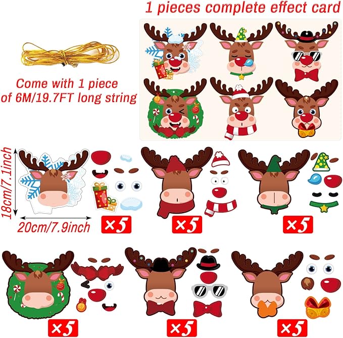 DIY Christmas Reindeer Tree Ornament Craft Kit for Kids Holiday Art Making Craft with Stickers, Make Your Own Xmas Reindeer Christmas Favor Decoration Home Classroom Party Game Activities