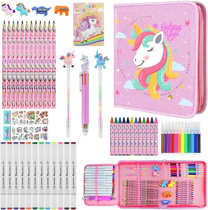 JAMIEWIN Markers Set with Glitter Unicorn Pencil Case, 59 Pcs Art and Craft Supplies Kit for Kids, Unicorn Gifts for Girls 4-9 Year Old for Christmas Birthday