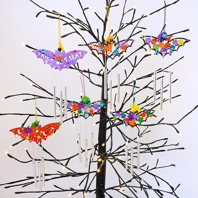 Winlyn 24 Sets Halloween Crafts Fall Crafts Halloween Bat Craft Kits DIY Wooden Bat Wind Chimes Ornaments Craft Kits for Kids Classroom Activities Art Project Halloween Decorations Party Favors
