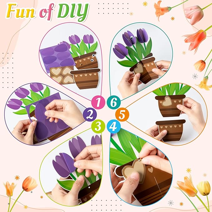 WATINC 28 Pack Tulips Flower Craft Kit, Make Your Tulips Craft Appreciation Gift with Greeting Tags, DIY Thankful Flowers Decor for Home School Party Classroom Art Activitie