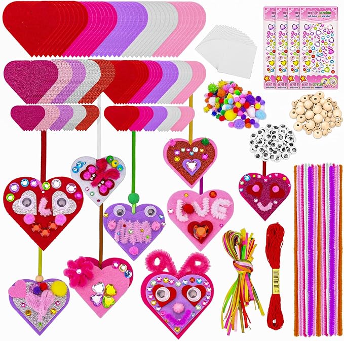Valentines Day Crafts for Kids, 361PCS Valentines Heart DIY Crafts Felt for Class Game Activities, 108 Felt Hearts, 36 Wooden Beads, 60 Pom Poms, 50 Googly Eyes, Valentines Party Favor Crafts