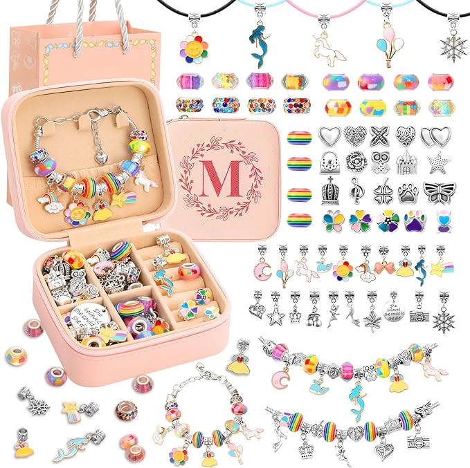 Charm Bracelet Making Kit for Girls 3-12, Kids Jewelry Making Kit 66Pcs Jewelry Kits for Girls Ages 8-12 Jewelry Maker Craft Necklace Birthday Christmas Gifts with Initial Jewelry Organizer Box - M