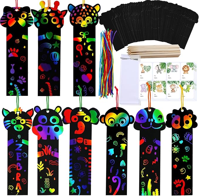 Winlyn 72 Sets 9 Styles Magic Color Scratch Jungle Animal Bookmarks Making Craft Kits DIY Rainbow Scratch Paper Bookmarks Art Sets for Kids Students Classroom Activities Reading Rewards Party Favors
