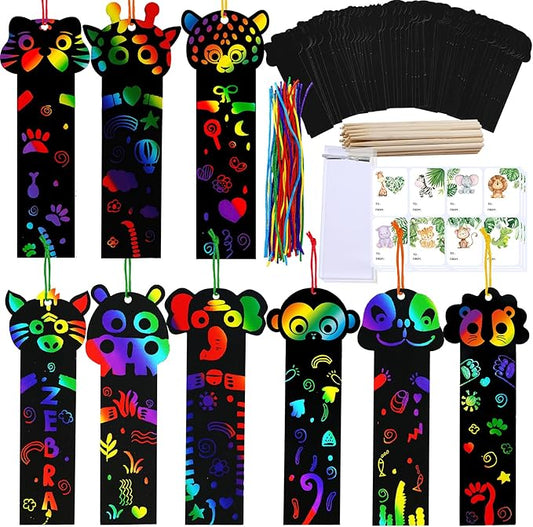 Winlyn 72 Sets 9 Styles Magic Color Scratch Jungle Animal Bookmarks Making Craft Kits DIY Rainbow Scratch Paper Bookmarks Art Sets for Kids Students Classroom Activities Reading Rewards Party Favors