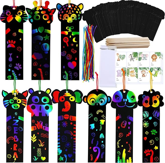 Winlyn 72 Sets 9 Styles Magic Color Scratch Jungle Animal Bookmarks Making Craft Kits DIY Rainbow Scratch Paper Bookmarks Art Sets for Kids Students Classroom Activities Reading Rewards Party Favors