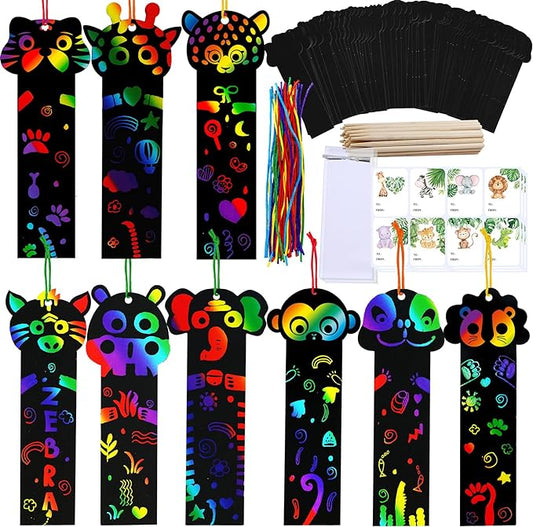 Winlyn 72 Sets 9 Styles Magic Color Scratch Jungle Animal Bookmarks Making Craft Kits DIY Rainbow Scratch Paper Bookmarks Art Sets for Kids Students Classroom Activities Reading Rewards Party Favors