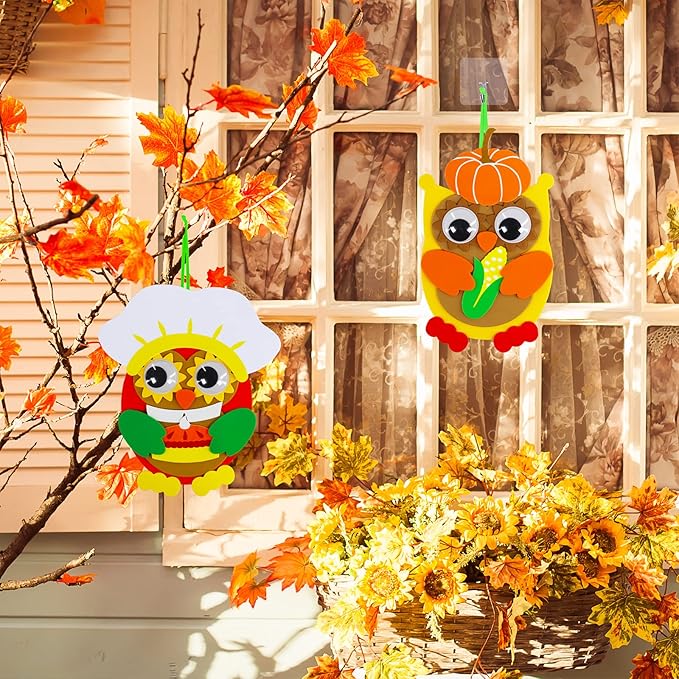 Winlyn 24 Sets Thanksgiving Owl Ornaments Decorations Art Sets DIY Thanksgiving Craft Kits Fall Crafts Pumpkin Sunflower Turkey Foam Stickers Arts and Crafts Googly Eyes for Kids Classroom Activities