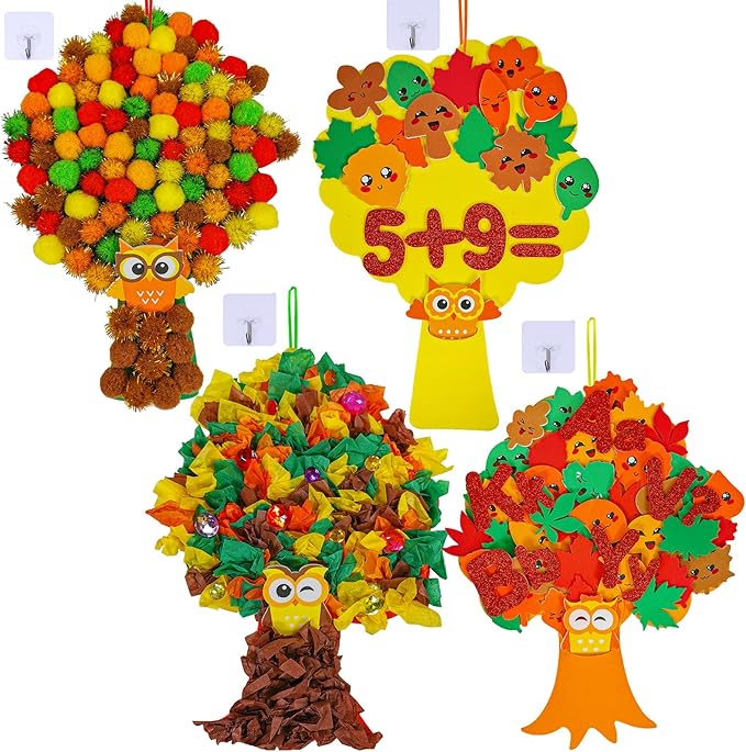 Winlyn 8 Sets Fall Crafts Kits Kids Fall Crafts Bulk Thanksgiving Crafts DIY Thankful Tree Art Sets Autumn Leaf Foam Stickers Pom-Poms Arts and Crafts for Kids Holiday School Classroom Activities
