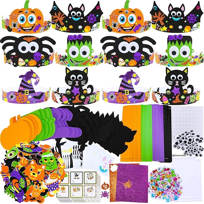 Winlyn 24 Sets Halloween Headbands Craft Kits DIY Crown Art Sets Spider Bat Jack-o'-Lantern Witch Hat with Halloween Foam Stickers Crafts for Kids Classroom Activities Halloween Party Trick-or-Treat