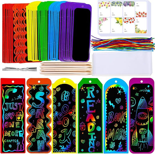 Winlyn 48 Sets 6 Styles Magic Color Scratch Bookmarks Craft Kits Rainbow Scratch Paper Art Sets for Kids Students Party Favors DIY Bookmarks Bulk with Scratching Tools Ribbons for Classroom Activities