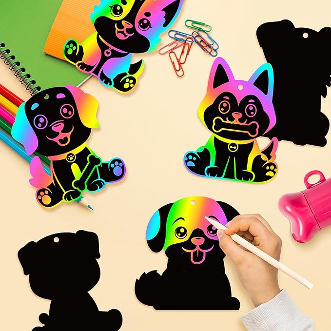 CY2SIDE Puppy Animal Color Scratch Bookmarks for Kids DIY Dog Scratch Card Craft Kit for Birthday Party Decors Puppy Dog Pet Magic Art Rainbow Color Craft Kit for Birthday Party Favor