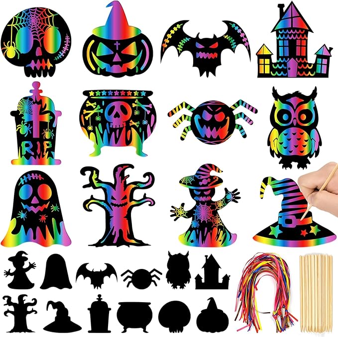 Leesgel Halloween Scratch Art Paper for Kids, 60Pcs Magic DIY Crafts Kit Halloween Party Decorations Supplies, Pumpkin Skull Bat Scratch Crafts Birthdays Party Favor Educational Toys