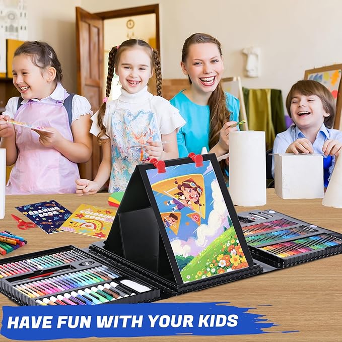 All in One Art Supplies, Art Kit Includes Easel, Origami Paper, Colored Pencils, Crayons, Drawing Book, Coloring Book, Watercolor Pens, Markers and Oil Pastels, Gifts for Girls Boys Teens, Black