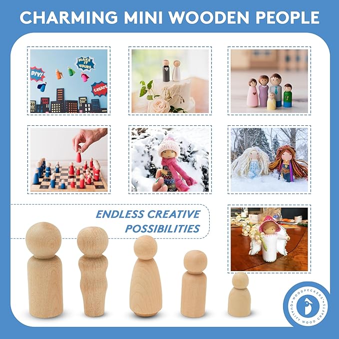 Woodpeckers Wood Peg Doll Set, 50 Piece Wood Peg Family (Toy Peg People: Dad, Mom, Angel, Child, Baby) Unfinished for Crafts & Play