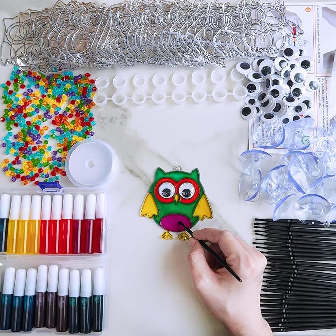 Winlyn 27 Sets Owl Suncatchers Ornaments Decorations DIY Window Paint Art Suncatchers Owl Craft Kits Sun Catchers for Kids Home Classroom Winter Holiday Season Fall Christmas Activities Party Favors