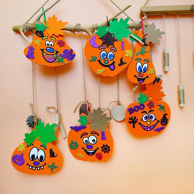 Winlyn 36 Sets Fall Halloween Pumpkin Decorations DIY Pumpkin Craft Kits Foam Pumpkin Shapes with Jack-O'-Lantern Face Glitter Halloween Stickers Maple Leaf for Kids Party Favors Classroom Activities