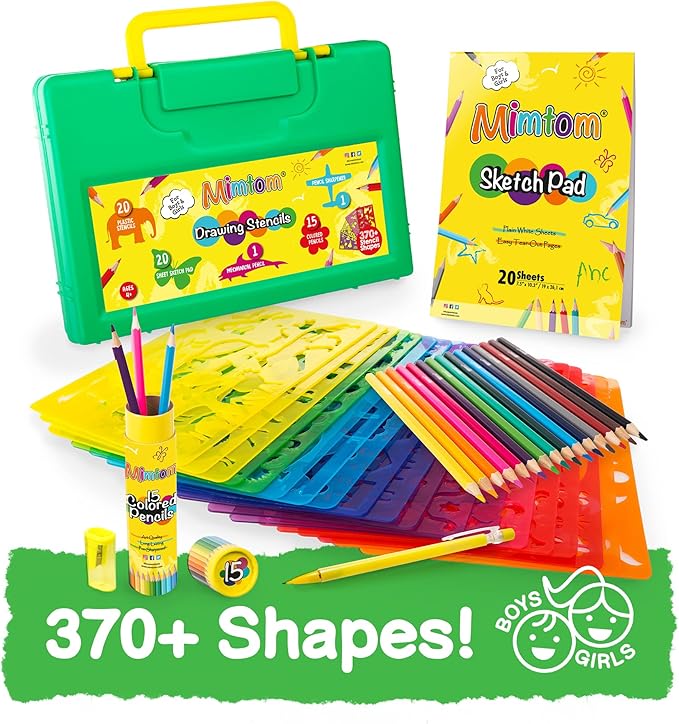 Drawing Stencil Kit for Kids, 60 PC Art Set with 370+ Shapes, Sketch Pad, and Colored Pencils for DIY Arts and Crafts for Boys and Girls, Draw with Letter, Animal and Car Stencils, Green