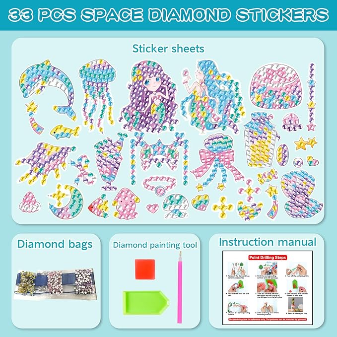 MEIEST 33 PCS Mermaid Diamond Art Painting Stickers Kit,DIY Mosaic Stickers by Numbers Arts and Crafts Set for Kids,Creative Handmade Gift