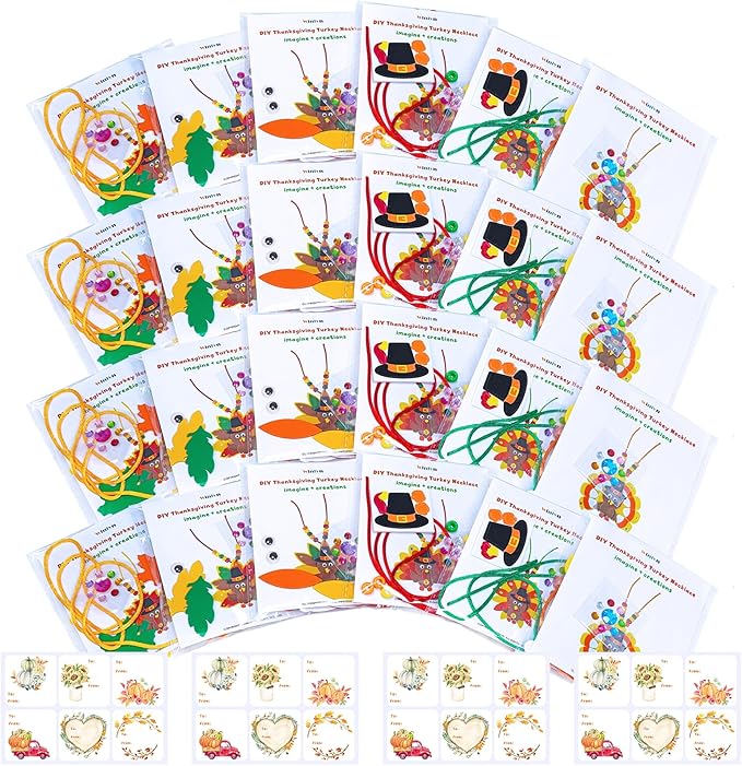 Winlyn 24 Sets Fall Craft Kits DIY Thanksgiving Turkey Necklaces Art Sets Autumn Maple Leaves Turkey Feathers Foam Thanksgiving Stickers for Kids Harvest Home Classroom Activities Party Favors