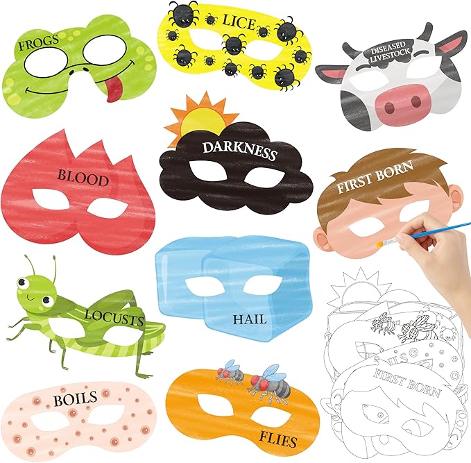 TICIAGA DIY Coloring Passover Masks - 30PCs Color Your Own Passover Masks Kit for Kids 10 Plagues DIY Magic Art Craft Kits DIY Passover Party Costume Decorations Accessories for Classroom Activities