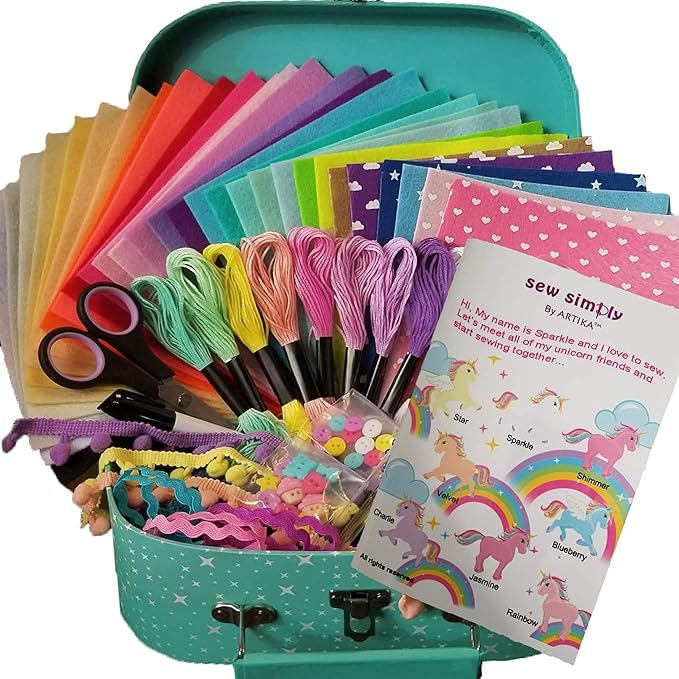 ARTIKA Sewing Kit for Kids - Craft Kit for Girls & Boys w/Booklet, Stencil Shapes, Supplies to Sew and Travel Case (Unicorn)