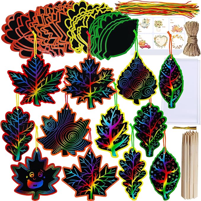 Winlyn 48 Sets 12 Styles Magic Color Scratch Black Fall Leaves Ornaments Decorations Autumn Scratch Art Leaves Fall Leaf Craft Kits for Kids Classroom Activities Halloween Thanksgiving Party Favors