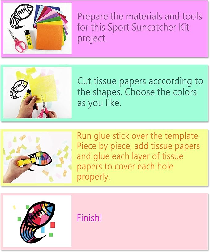 VHALE Suncatchers Craft 3 Sets (9 Cutouts) w Tissue Papers Stained Glass Effect Paper Sun Catcher Kit, Window Art, Classroom Crafts, Creative Art Projects, Kids Party Favors (Sport)