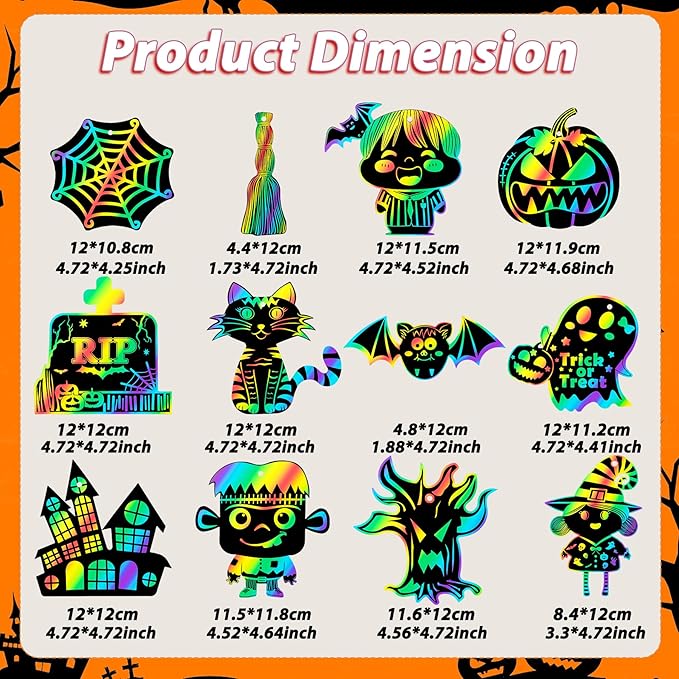 Halloween Scratch Paper Art Set - 48 Pcs Halloween Magic Rainbow Scratch Off Cards for Kids, Pumpkin, Ghost, Witch Hanging Ornaments for Halloween Party Favors Activities(12 Styles)